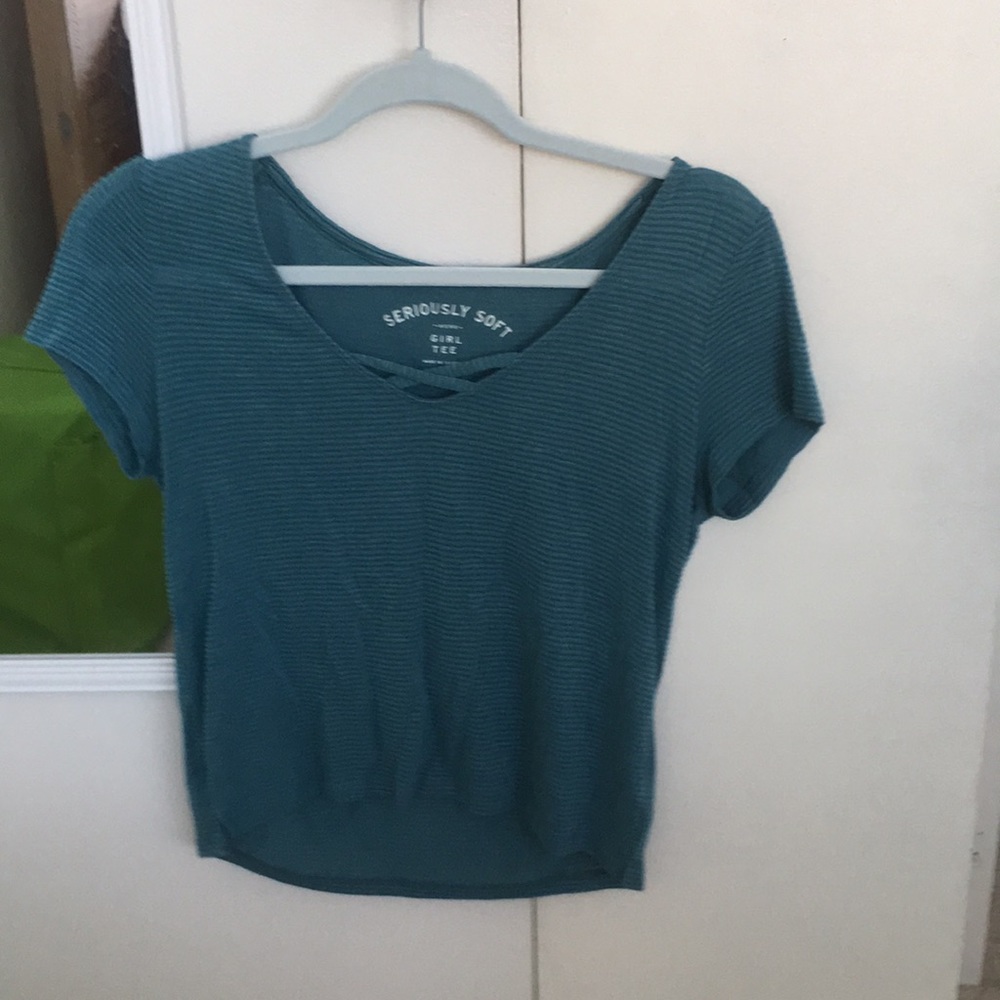 Turquoise, cross v neck, ribbed top